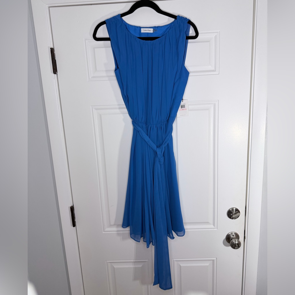 Nwt Calvin Klein Size 10 Blue Dress With Belt Sleeveless
